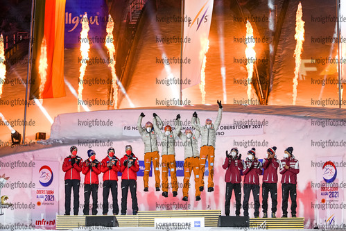 06.03.2021, xkvx, Nordic World Championships Oberstdorf, v.l. Pius Paschke (Germany), Markus Eisenbichler (Germany), Severin Freund (Germany), Karl Geiger (Germany)  /