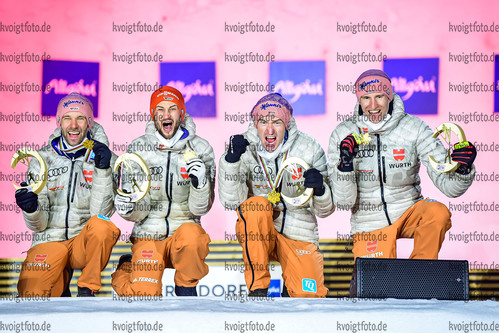 06.03.2021, xkvx, Nordic World Championships Oberstdorf, v.l. Pius Paschke (Germany), Markus Eisenbichler (Germany), Severin Freund (Germany), Karl Geiger (Germany)  /