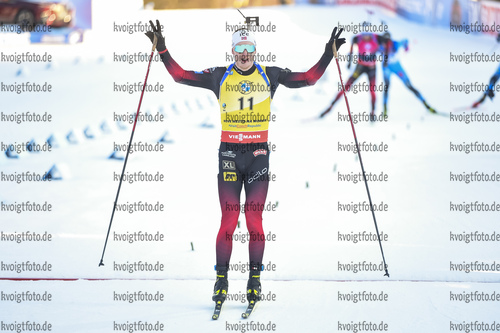 07.03.2020, xsoex, Biathlon IBU Weltcup NoveMesto na Morave, Verfolgung Herren, v.l. Johannes Thingnes Boe (Norway)~ im Ziel / in the finish