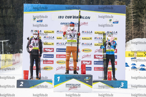 12.03.2020, xkvx, Biathlon IBU Cup Obertilliach, Sprint Herren, v.l. Aleksander Fjeld Andersen (Norway), Philipp Nawrath (Germany) und Hugo Rivail (France)  / 