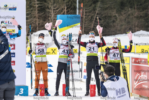 12.03.2020, xkvx, Biathlon IBU Cup Obertilliach, Sprint Herren, v.l. Dominic Schmuck (Germany), Erlend Bjoentegaard (Norway), Filip Fjeld Andersen (Norway) und Haavard Gutuboe Bogetveit (Norway)  / 