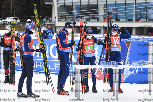 14.03.2020, xsoex, Biathlon IBU Weltcup NoveMesto na Morave, Mixed-Staffel, v.l. Lukas Hofer (Italy), Dominik Windisch (Italy), Dorothea Wierer (Italy) and Lisa Vittozzi (Italy) bei der Siegerehrung / at the medal ceremony