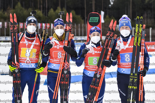 14.03.2020, xsoex, Biathlon IBU Weltcup NoveMesto na Morave, Mixed-Staffel, v.l. Dominik Windisch (Italy), Lisa Vittozzi (Italy), Dorothea Wierer (Italy) and Lukas Hofer (Italy) bei der Siegerehrung / at the medal ceremony