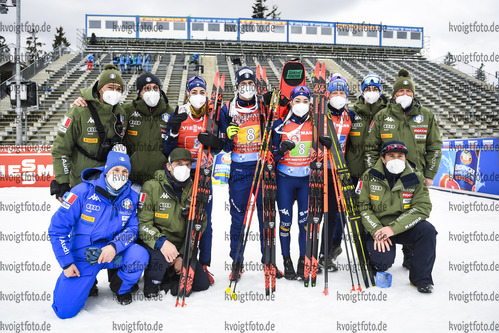 14.03.2020, xsoex, Biathlon IBU Weltcup NoveMesto na Morave, Mixed-Staffel, v.l. Lisa Vittozzi (Italy), Dominik Windisch (Italy), Dorothea Wierer (Italy) and Lukas Hofer (Italy) bei der Siegerehrung / at the medal ceremony