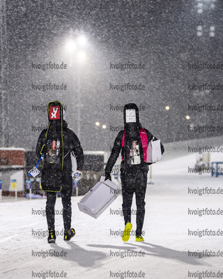 21.03.2021, xkvx, Biathlon IBU World Cup Oestersund, Globes Norway, v.l. Johannes Thingnes Boe (Norway) and Tarjei Boe (Norway) verlassen das Stadion / leaving the stadium