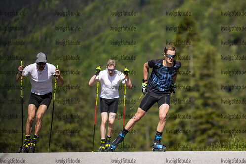 04.06.2021, xkvx, Biathlon Training Ruhpolding, v.l. Matthias Dorfer (Germany), Johannes Kuehn (Germany), Dominic Schmuck (Germany) in aktion in action competes