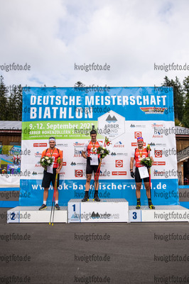 11.09.2021, xkvx, Biathlon Deutsche Meisterschaften Arber, Sprint Herren, v.l. Max Barchewitz (Germany), Marco Gross (Germany), Danilo Riethmueller (Germany)  