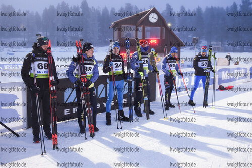 27.11.2021, xetx, Biathlon IBU Cup Idre, Sprint Men, v.l. Lucas Fratzscher (GERMANY), Aleksander Fjeld Andersen (NORWAY), Vasilii Tomshin (RUSSIA), Johannes Kuehn (GERMANY), David Zobel (GERMANY), Ilnaz Mukhamedzianov (RUSSIA)
