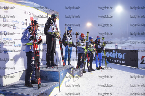 27.11.2021, xetx, Biathlon IBU Cup Idre, Sprint Men, v.l. Lucas Fratzscher (GERMANY), Aleksander Fjeld Andersen (NORWAY), Vasilii Tomshin (RUSSIA), Johannes Kuehn (GERMANY), David Zobel (GERMANY), Ilnaz Mukhamedzianov (RUSSIA)