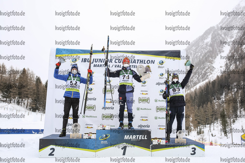 10.12.2021, xmcx, Biathlon IBU Junior Cup Martell, Individual Men, v.l. Darius Lodl (Germany), Stepan Kinash (Ukraine) and Elia Zeni (Italy)  / 