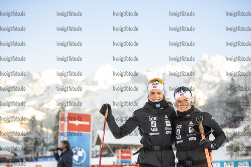 18.12.2021, xkvx, Biathlon IBU World Cup Le Grand Bornand, Pursuit Women, v.l. Ida Lien (Norway), Karoline Erdal (Norway) nach dem Wettkampf / after the competition