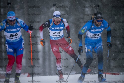 07.01.2022, xkvx, Biathlon IBU World Cup Oberhof, Sprint Men, v.l. Alexandr Loginov (Russia), Simon Eder (Austria), Simon Desthieux (France) in aktion / in action competes