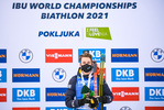 12.02.2021, xkvx, Biathlon IBU World Championships Pokljuka, Sprint Herren, v.l. Martin Ponsiluoma (Sweden) bei der Siegerehrung / at the medal ceremony